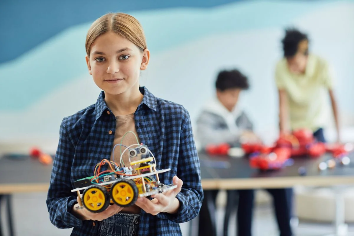Student holding a robot they built in a classroom