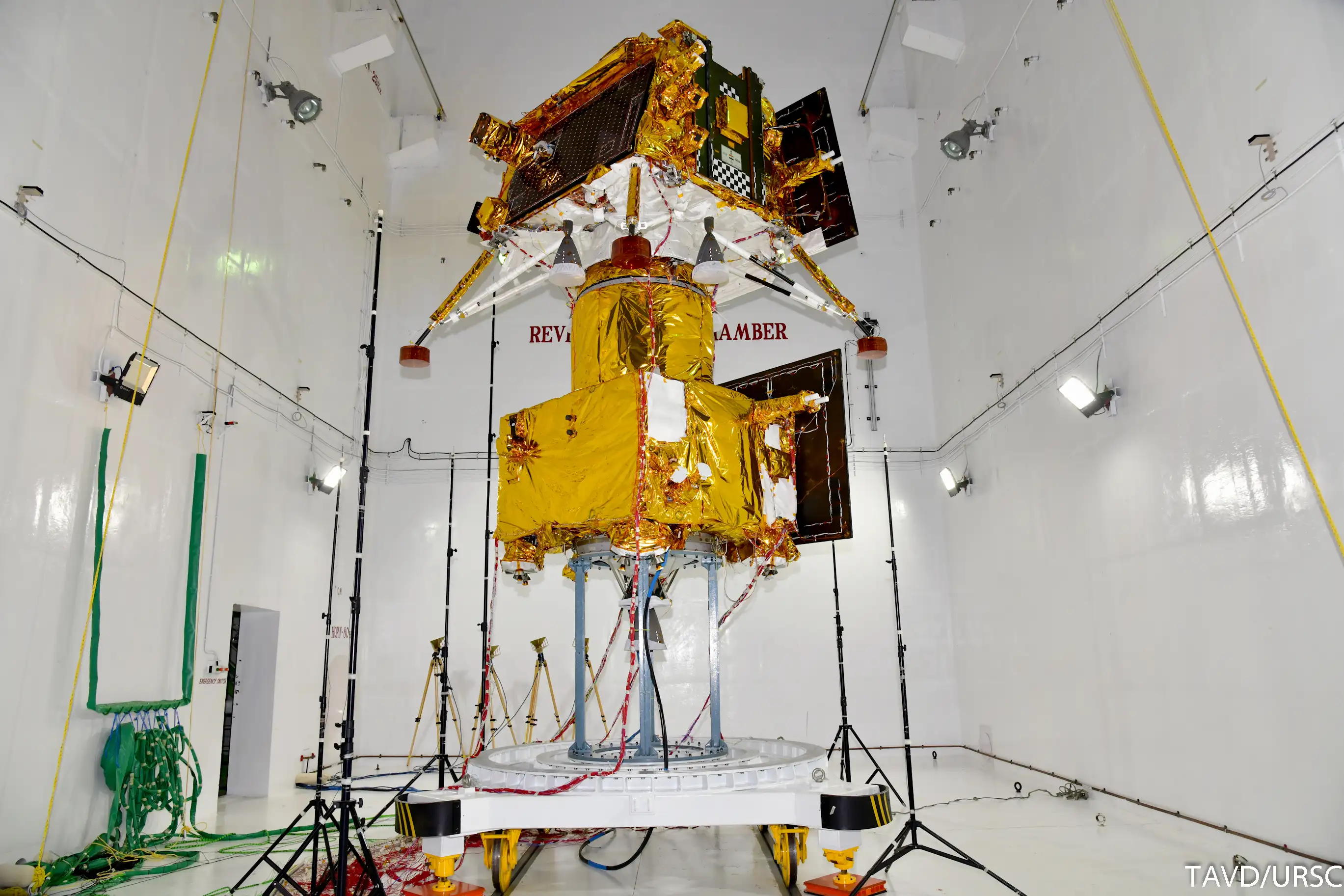Space hardware inside a test chamber